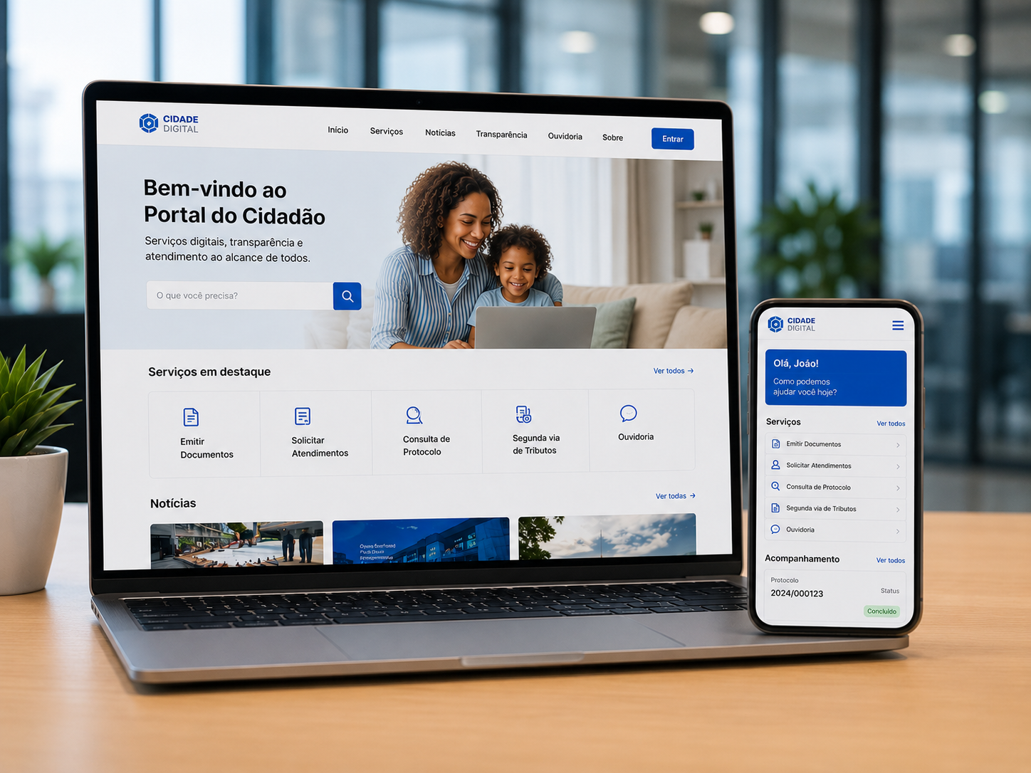 Cenário depois: portal público moderno com atendimento digital